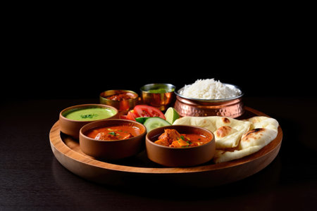 An appetizing Indian meal, presenting a selection of curry dishes, rice, naan, and assorted accompaniments, all beautifully arranged on a wooden platter.の写真素材
