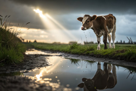 A young calf curiously gazes at its own reflection in a puddle. The setting features lush green grass and dark clouds, with rays of sunlight breaking through.の写真素材