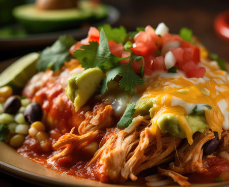 Close up tasty food photography of warm and comforting Mexican enchiladas, served in a colorful and lively cantina with a festive styleの写真素材
