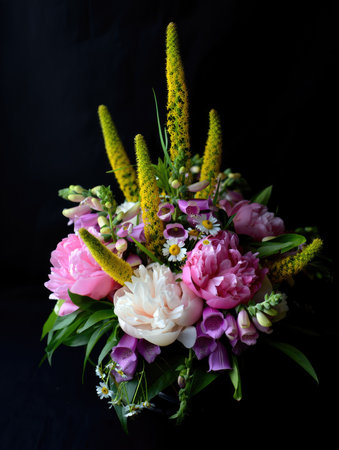 This vibrant floral arrangement showcases a variety of blooms, including pink peonies and bright yellow spikes, beautifully arranged with greenery.の写真素材