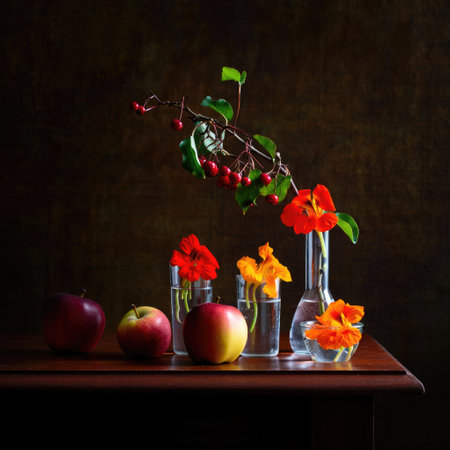 A still life composition features a wooden table adorned with red and yellow apples alongside glass vases filled with bright orange and red flowers. The background is dark, enhancing the vivid colors.の写真素材
