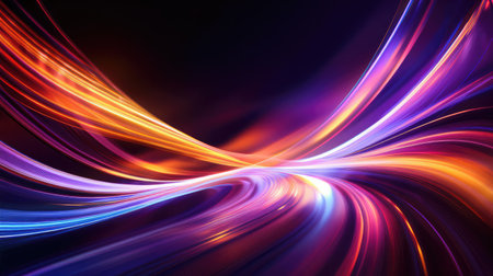 Abstract background of glowing coloured wavy lines on a dark background. Graphic design element with neon lightsの写真素材