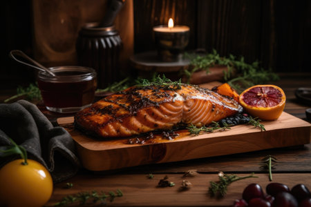 Tasty food. Illustration of grilled salmon, served on a wooden platter, with a rustic style