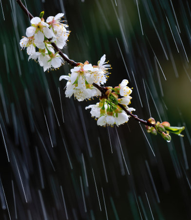 White blossoms with hints of pink are captured on a branch as raindrops fall around them. The scene...
