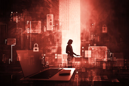 A silhouette of a person in front of a laptop, surrounded by digital icons, symbolizing...
