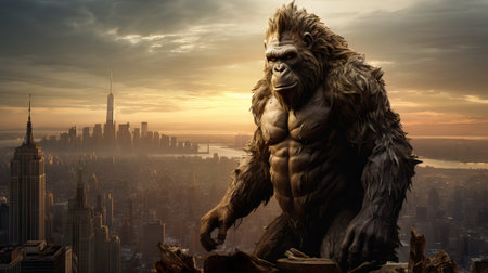 A giant gorilla monster on the streets of a metropolis. A prehistoric primate that has survived to the present day. Template for poster, t-shirt print, etc.の写真素材
