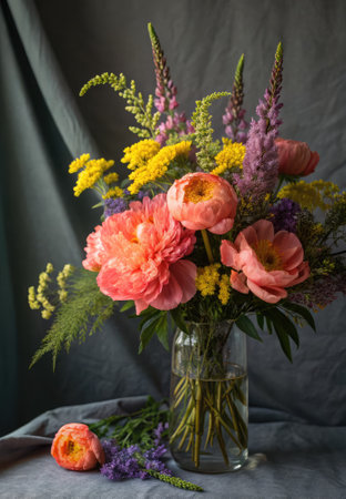 A stunning bouquet showcases large pink peonies alongside yellow and purple wildflowers. The arrangement is set against a soft gray backdrop, creating a peaceful and elegant atmosphere.の写真素材