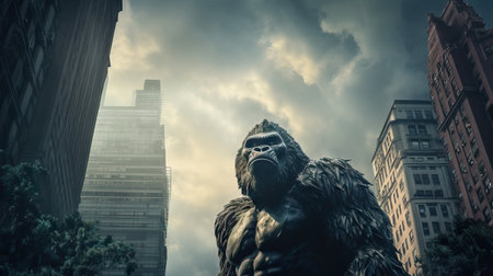 A giant gorilla on the streets of a metropolis. A prehistoric primate that has survived to the present day. A popular character of mass culture. Template for poster, t-shirt print, etc.の写真素材
