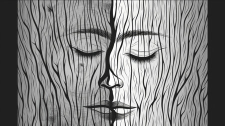 In a striking line art composition, two faces converge in silence, representing the struggle with depression, anxiety, and loneliness. The intricate patterns evoke deep emotions and introspection.の写真素材
