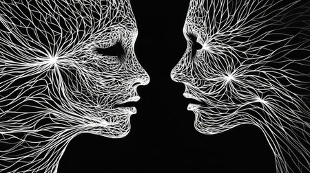 In a captivating display of line art, two faces emerge, intertwined with intricate patterns that symbolize the struggles of depression, anxiety, and loneliness.の写真素材