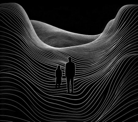 Two figures stand amidst flowing lines, symbolizing the overwhelming feelings of depression,...