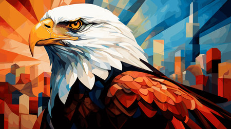 American bald eagle against the backdrop of a metropolis. Illustration in vector pop art style....