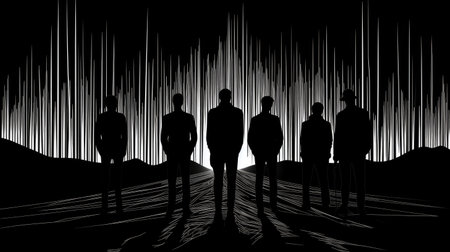Silhouetted figures stand against a backdrop of jagged lines, symbolizing the emotional struggles of depression, anxiety, and loneliness.の写真素材