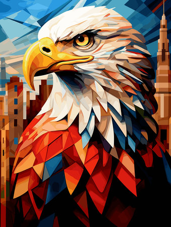 American bald eagle against the backdrop of a metropolis. Illustration in vector pop art style. Template for a poster, t-shirt print, sticker, etc.の写真素材