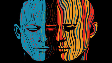 Two contrasting faces reveal the emotional struggles of depression and anxiety through vivid line...