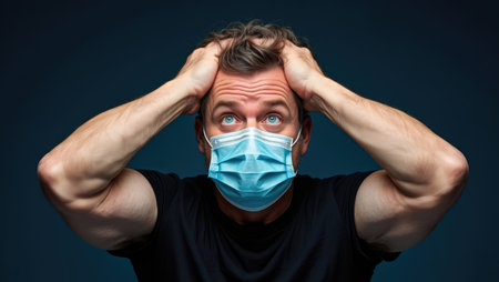 A man wearing a medical mask looks upward with a stressed expression, hands on his head. This image captures anxiety.の写真素材