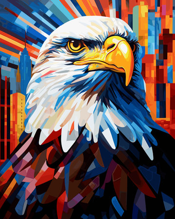 American bald eagle against the backdrop of a metropolis. Illustration in vector pop art style. Template for a poster, t-shirt print, sticker, etc.の写真素材