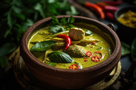 Macro food illustration of a spicy Thai dish, featuring a bowl of vibrant green curry in a bustling...