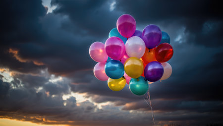 A vibrant cluster of balloons floats against a dramatic, stormy sky, adding a touch of color to the scene.の写真素材