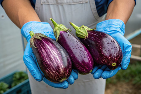 A close-up of three fresh eggplants held gently in gloved hands, ready for harvest or sale.