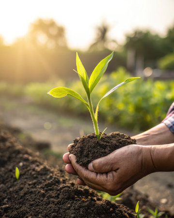 A gardener cradles a young plant with soil in their hands, nurturing growth in the garden. The sun shines brightly, illuminating the scene.の写真素材