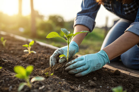A person carefully planting a young seedling in a garden, promoting growth and cultivation. The...