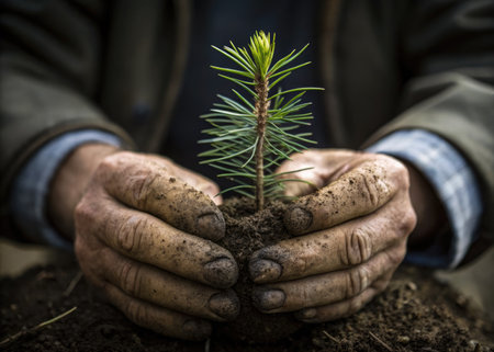 A small sapling is gently held in a person's hands, symbolizing growth and new beginnings.  The...