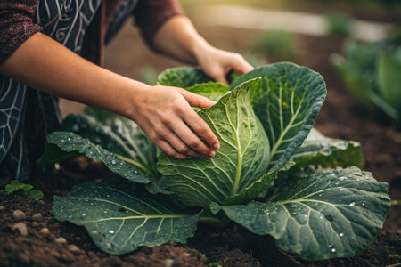 Close-up of hands tenderly caring for a vibrant green cabbage in a garden bed, showcasing organic farming.の写真素材