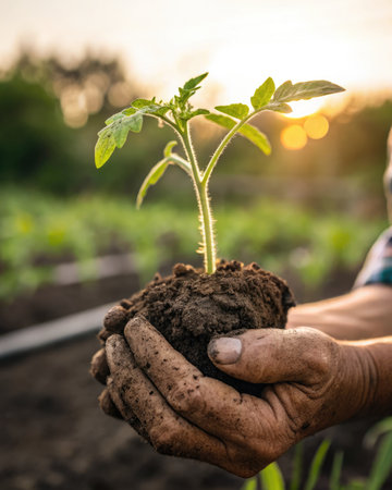 A close-up of a farmer's hands holding a small tomato plant with soil at sunset, ready for planting....