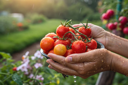 A person holds a bowl overflowing with ripe tomatoes, freshly harvested, in a sunny garden scene with raindrops.の写真素材