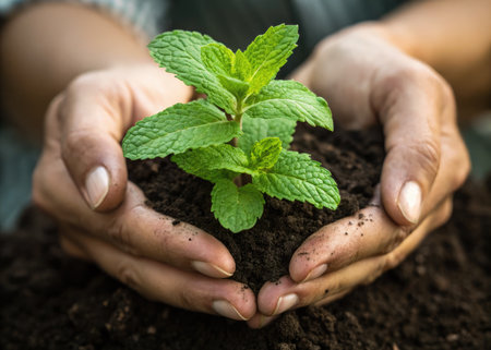 Hands gently cradling a small mint plant, set in rich, dark soil. A tender moment showcasing nature's beauty and the art of nurturing.の写真素材