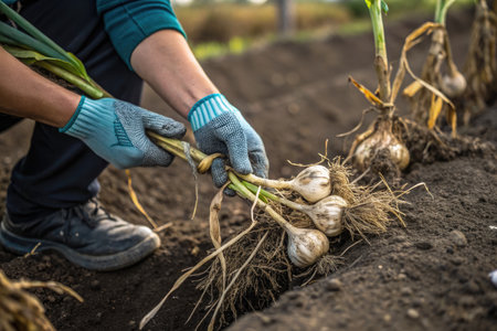 A farmer carefully harvests fresh garlic bulbs from the rich soil, showcasing organic produce.の写真素材