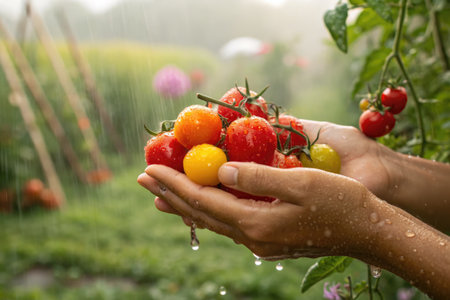 A person cradles a bounty of fresh, colorful tomatoes, glistening with raindrops, in an outdoor garden setting.の写真素材