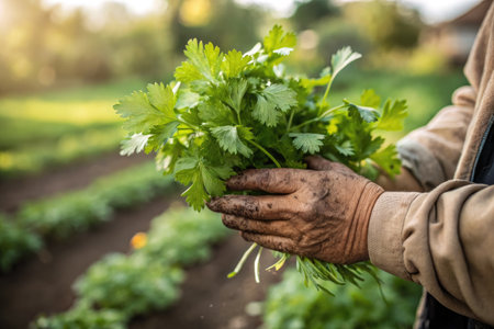 A gardener holds a fresh bunch of parsley, showcasing the harvest from the organic farm. The garden...
