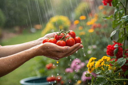 A person holds a handful of freshly harvested tomatoes, glistening in the rain, surrounded by a lush garden. It is a sunny rainy day.の写真素材
