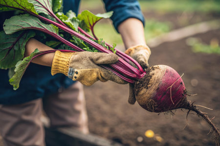 A gardener proudly holds a freshly harvested beetroot, showcasing the vibrant root vegetable and its leaves in a close-up view.の写真素材