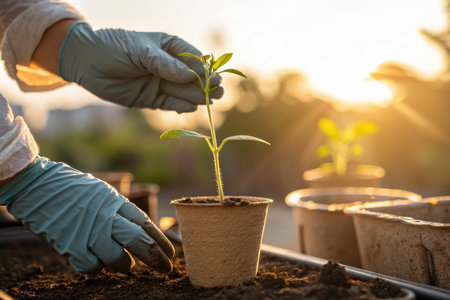 A close-up shot shows hands in gardening gloves gently planting a seedling into a pot on a sunny day, gardening.の写真素材