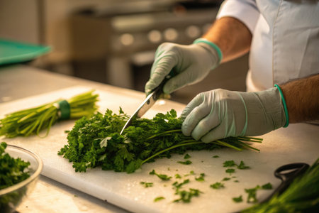 A chef meticulously chops fresh parsley on a clean cutting board in a professional kitchen setting....