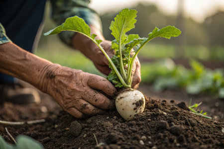 An elderly farmer carefully planting a turnip seedling into the rich, fertile soil, nurturing the growth.の写真素材