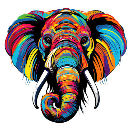 Vibrant, artistic depiction of an elephant&apos;s head, rendered in vivid colors and intricate patterns, perfect for creative designs.の写真素材