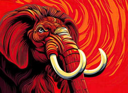 A vibrant illustration of an elephant with striking red and orange tones, perfect for prints,...