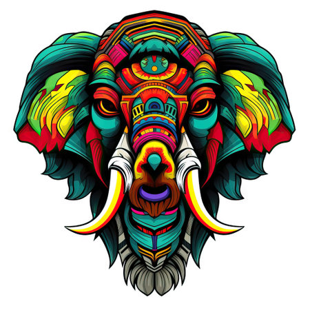 Colorful elephant head illustration, ideal for t-shirt designs and various print projects. This artwork showcases vibrant patterns and intricate details.の写真素材