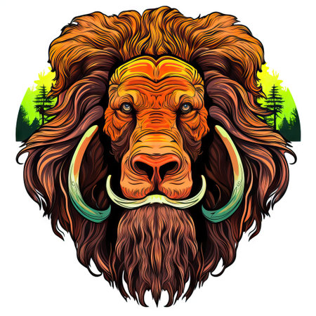 This illustration shows a stylized lion with a mustache and tusks, perfect for print projects. It's a unique design element with a touch of whimsy.の写真素材