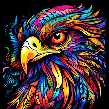 A vibrant, stylized illustration of an eagle head. The artwork features bold lines and a colorful palette, ideal for unique designs.の写真素材