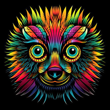 A vibrant illustration showcases a stylized animal face with intricate details and a vivid color palette against a black backdrop, ideal for prints.の写真素材