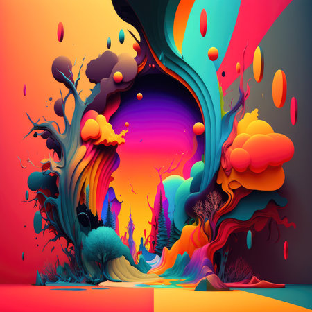 Abstract colourful landscape. Whimsical nature backdrop in bright hue colors. Stylized mountains, trees, sky and clouds. AI generatedの写真素材