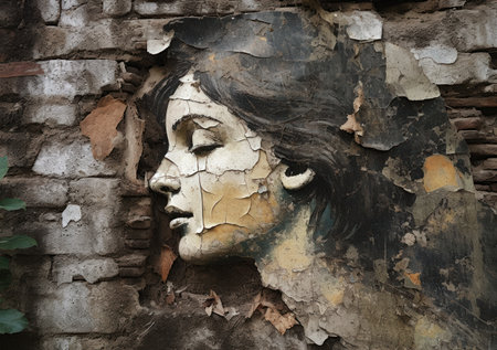 A serene angel's face is etched on a weathered wall, surrounded by crumbling paint and exposed brick