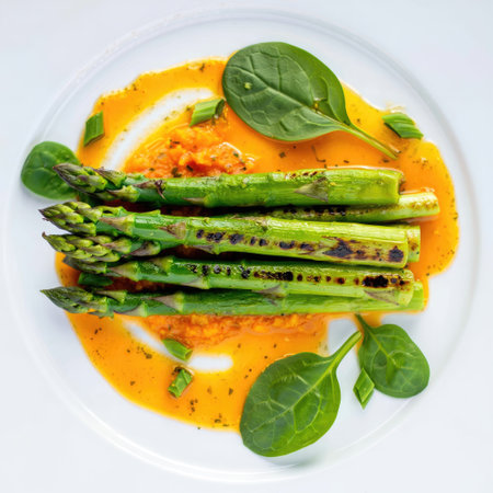 A visually appealing plate of grilled asparagus is drizzled with a vibrant sauce, garnished with fresh spinach.の写真素材