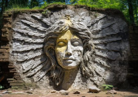 A serene angel's face is etched on a weathered wall, surrounded by crumbling paint and exposed brickの写真素材