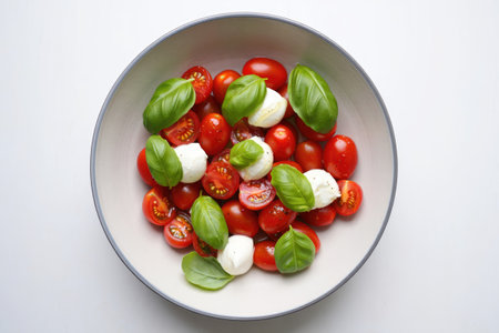 A fresh Caprese salad with cherry tomatoes, basil, and mozzarella in a stylish ceramic bowl, perfect for a healthy meal.の写真素材